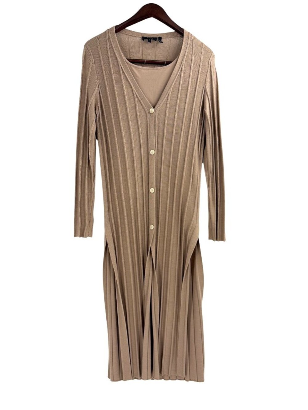 Theory Wide Rib Merino Wool Cardigan Duster Tan Small Petite Quiet Luxury Chic